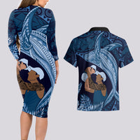 Father's Day Polynesian Pattern Couples Matching Long Sleeve Bodycon Dress and Hawaiian Shirt Tropical Humpback Whale - Navy LT7 - Polynesian Pride
