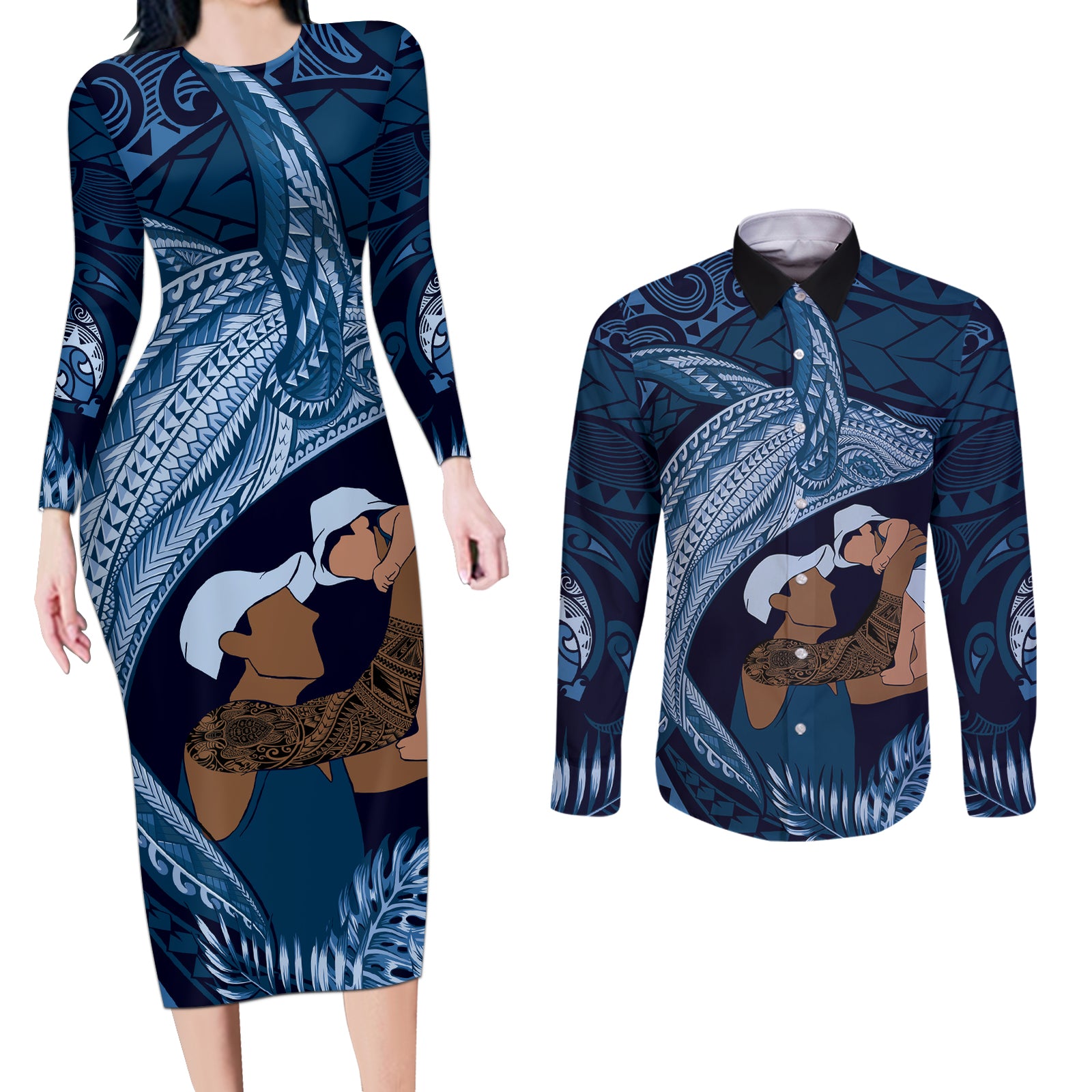 Father's Day Polynesian Pattern Couples Matching Long Sleeve Bodycon Dress and Long Sleeve Button Shirt Tropical Humpback Whale - Navy LT7 Navy Blue - Polynesian Pride