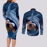 Father's Day Polynesian Pattern Couples Matching Long Sleeve Bodycon Dress and Long Sleeve Button Shirt Tropical Humpback Whale - Navy LT7 - Polynesian Pride