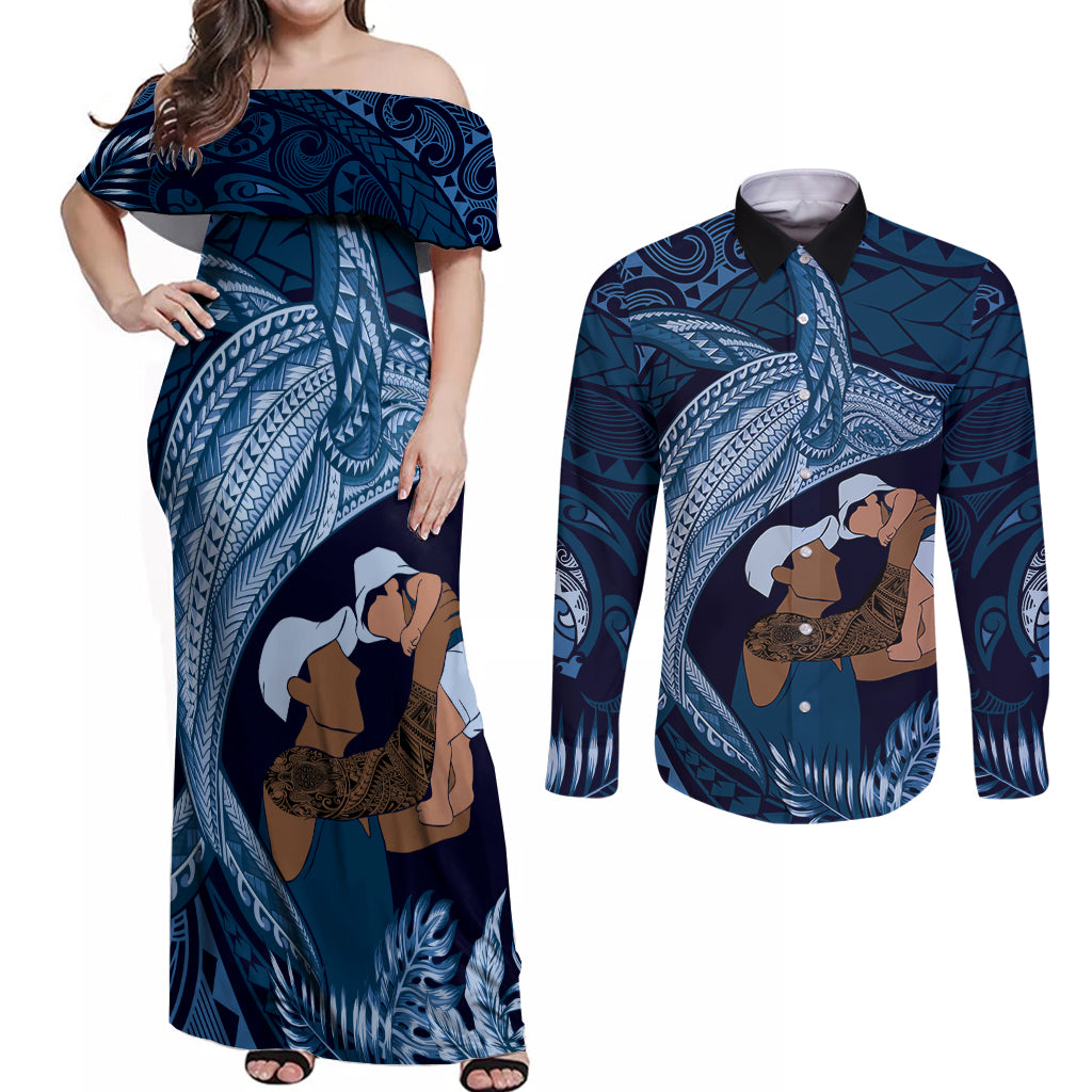 Father's Day Polynesian Pattern Couples Matching Off Shoulder Maxi Dress and Long Sleeve Button Shirt Tropical Humpback Whale - Navy LT7 Navy Blue - Polynesian Pride
