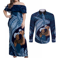Father's Day Polynesian Pattern Couples Matching Off Shoulder Maxi Dress and Long Sleeve Button Shirt Tropical Humpback Whale - Navy LT7 Navy Blue - Polynesian Pride