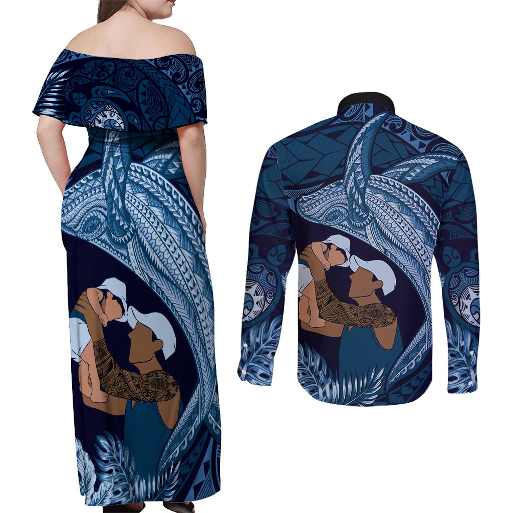 Father's Day Polynesian Pattern Couples Matching Off Shoulder Maxi Dress and Long Sleeve Button Shirt Tropical Humpback Whale - Navy LT7 - Polynesian Pride