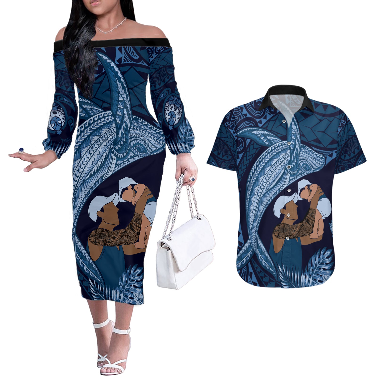 Father's Day Polynesian Pattern Couples Matching Off The Shoulder Long Sleeve Dress and Hawaiian Shirt Tropical Humpback Whale - Navy LT7 Navy Blue - Polynesian Pride