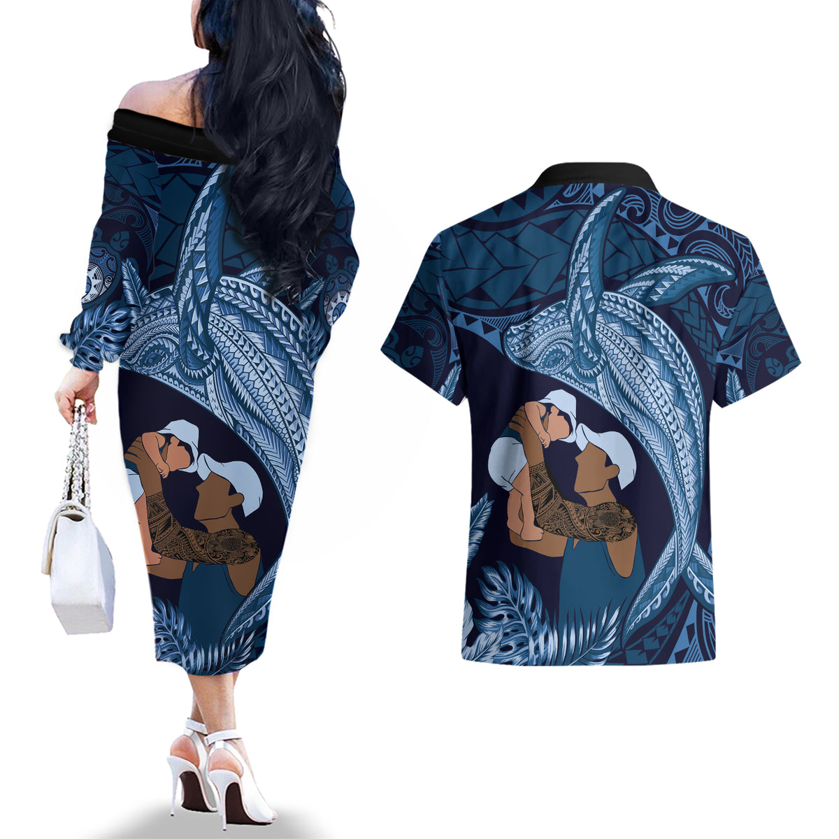 Father's Day Polynesian Pattern Couples Matching Off The Shoulder Long Sleeve Dress and Hawaiian Shirt Tropical Humpback Whale - Navy LT7 - Polynesian Pride