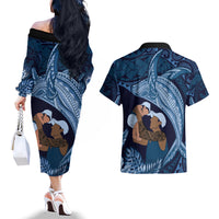 Father's Day Polynesian Pattern Couples Matching Off The Shoulder Long Sleeve Dress and Hawaiian Shirt Tropical Humpback Whale - Navy LT7 - Polynesian Pride