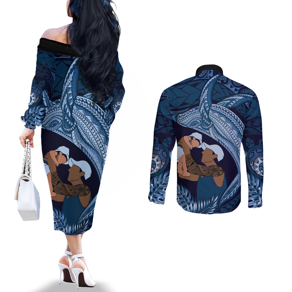 Father's Day Polynesian Pattern Couples Matching Off The Shoulder Long Sleeve Dress and Long Sleeve Button Shirt Tropical Humpback Whale - Navy LT7 - Polynesian Pride