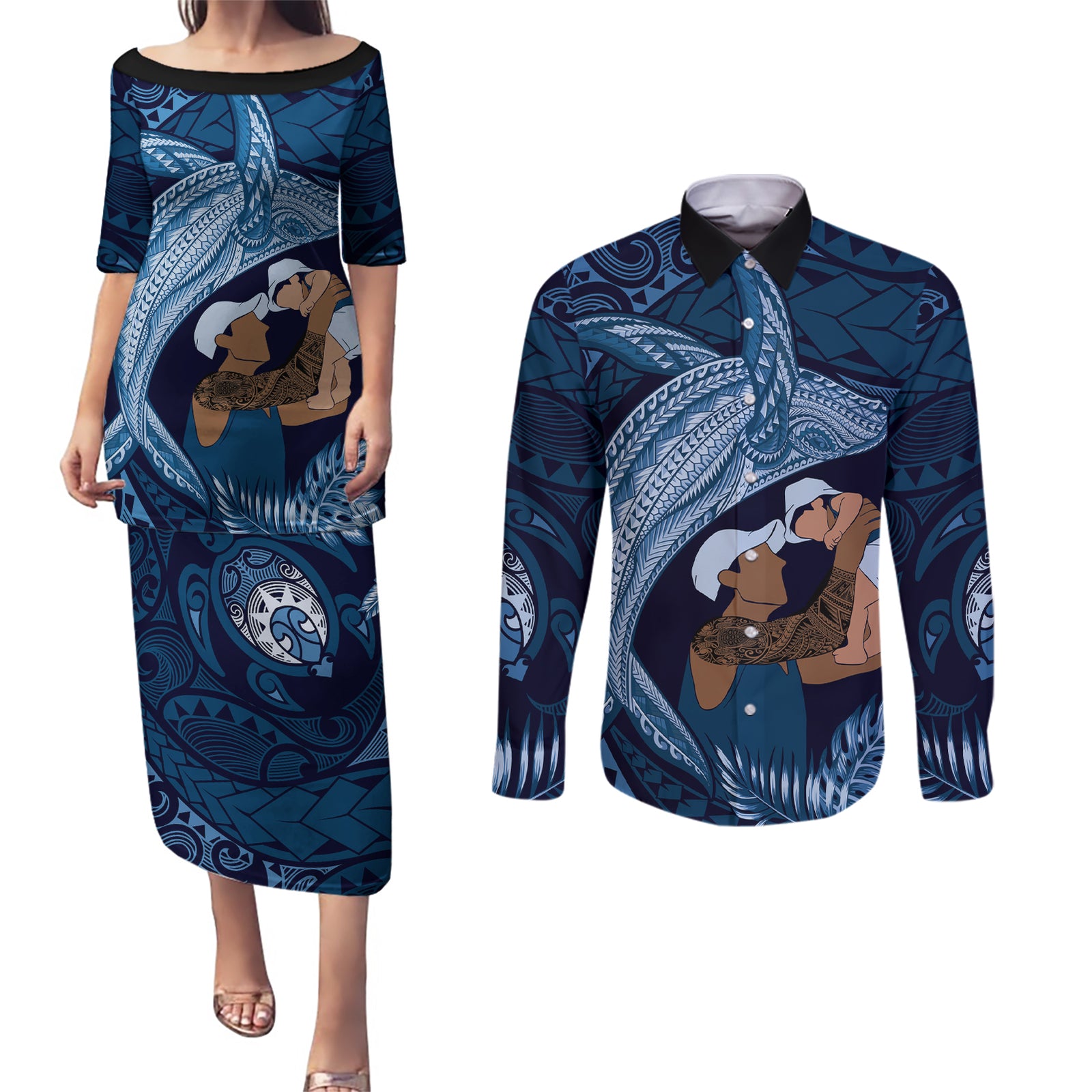 Father's Day Polynesian Pattern Couples Matching Puletasi and Long Sleeve Button Shirt Tropical Humpback Whale - Navy LT7 Navy Blue - Polynesian Pride