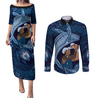 Father's Day Polynesian Pattern Couples Matching Puletasi and Long Sleeve Button Shirt Tropical Humpback Whale - Navy LT7 Navy Blue - Polynesian Pride