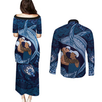 Father's Day Polynesian Pattern Couples Matching Puletasi and Long Sleeve Button Shirt Tropical Humpback Whale - Navy LT7 - Polynesian Pride