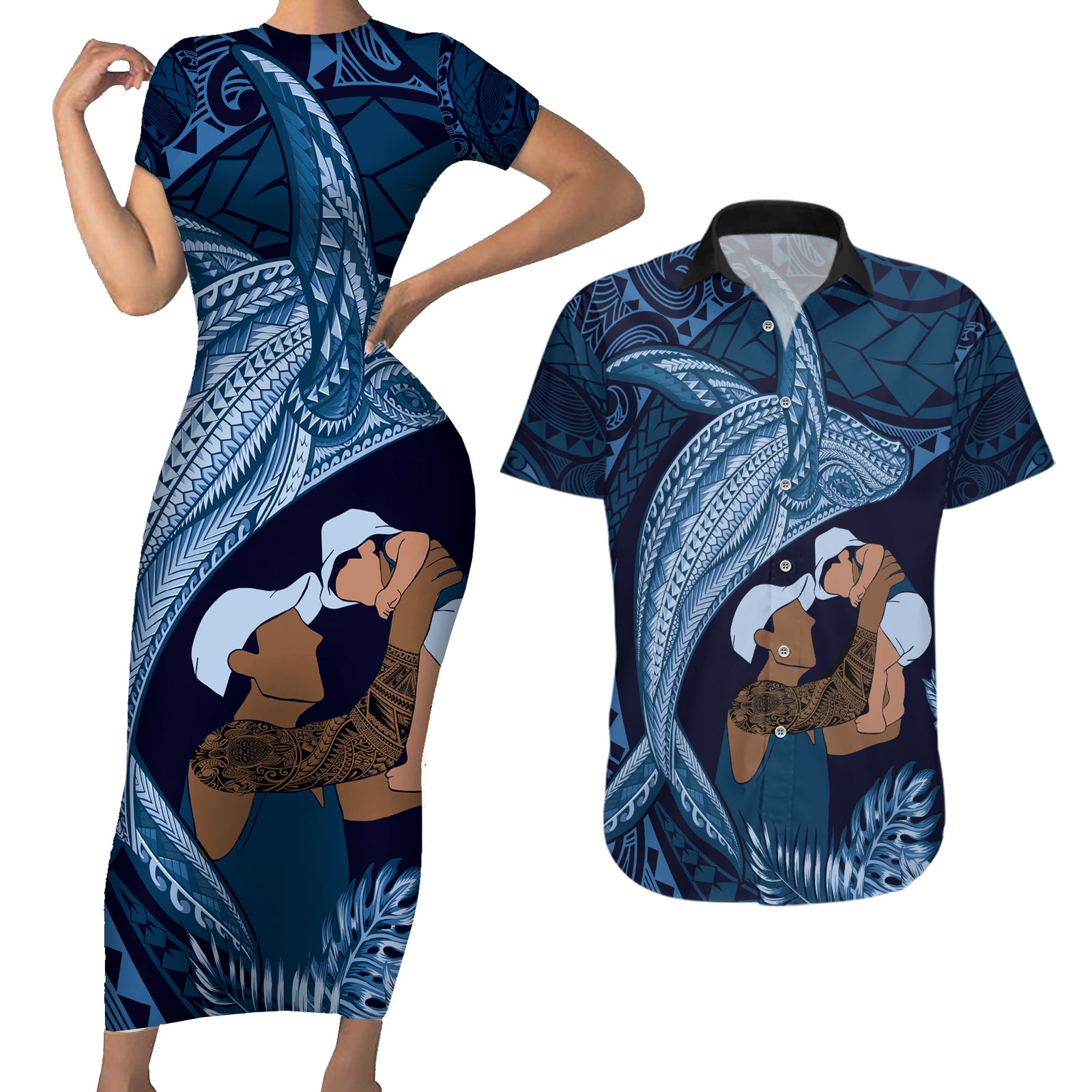Father's Day Polynesian Pattern Couples Matching Short Sleeve Bodycon Dress and Hawaiian Shirt Tropical Humpback Whale - Navy LT7 Navy Blue - Polynesian Pride