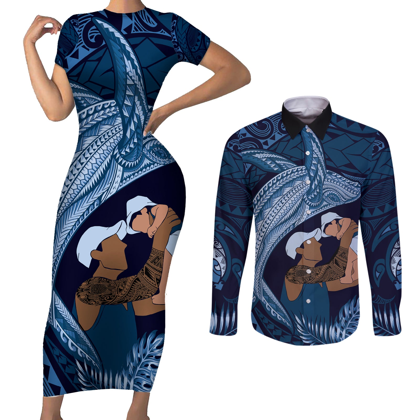 Father's Day Polynesian Pattern Couples Matching Short Sleeve Bodycon Dress and Long Sleeve Button Shirt Tropical Humpback Whale - Navy LT7 Navy Blue - Polynesian Pride