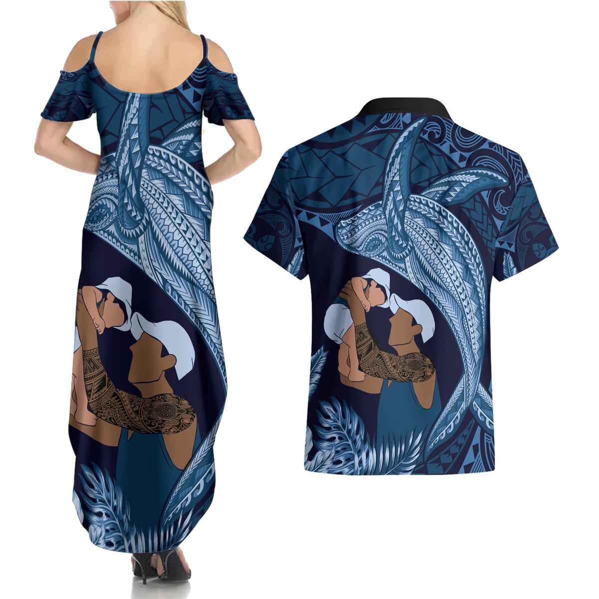 Father's Day Polynesian Pattern Couples Matching Summer Maxi Dress and Hawaiian Shirt Tropical Humpback Whale - Navy LT7 - Polynesian Pride