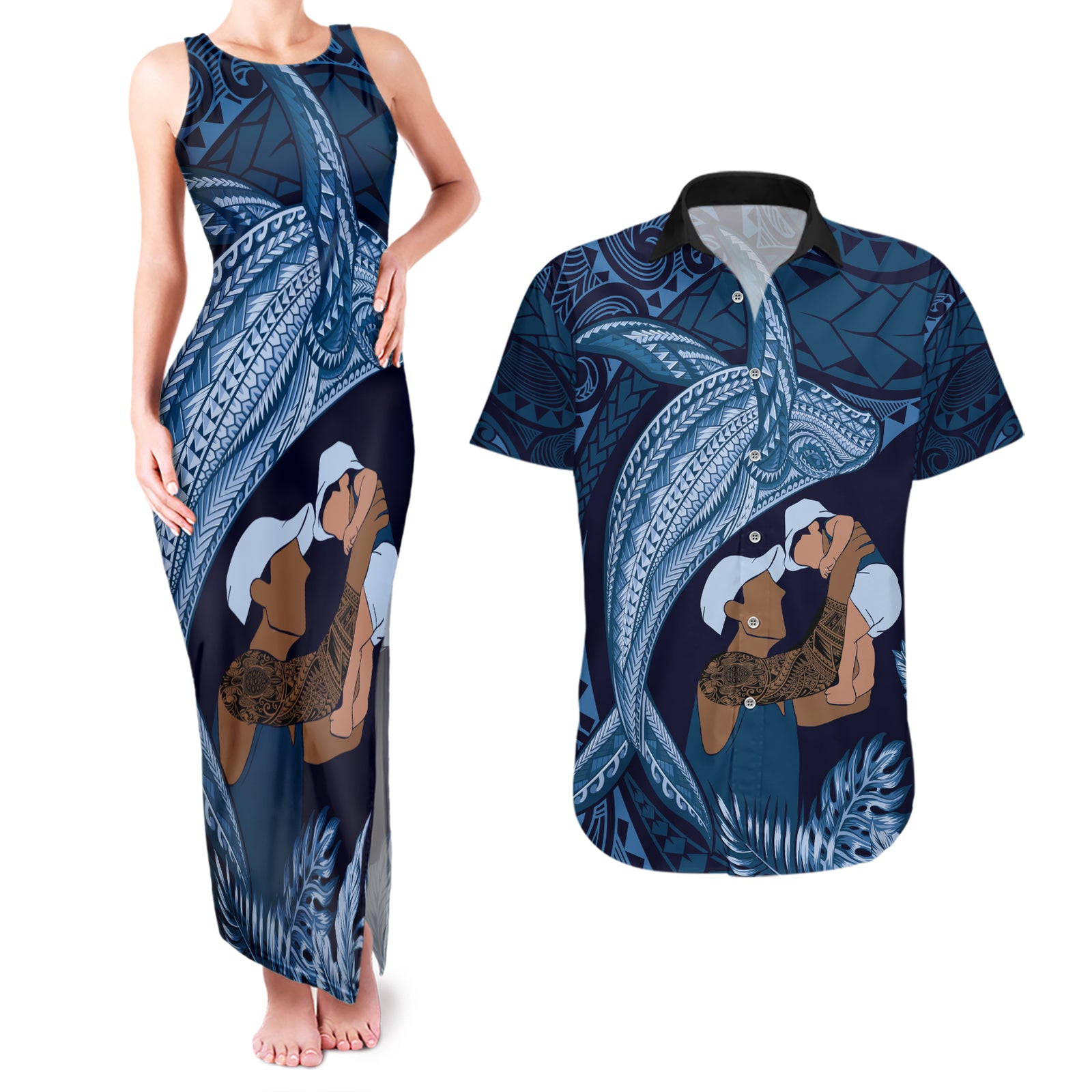 Father's Day Polynesian Pattern Couples Matching Tank Maxi Dress and Hawaiian Shirt Tropical Humpback Whale - Navy LT7 Navy Blue - Polynesian Pride