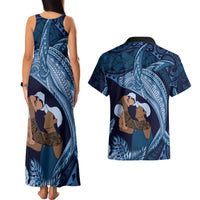 Father's Day Polynesian Pattern Couples Matching Tank Maxi Dress and Hawaiian Shirt Tropical Humpback Whale - Navy LT7 - Polynesian Pride