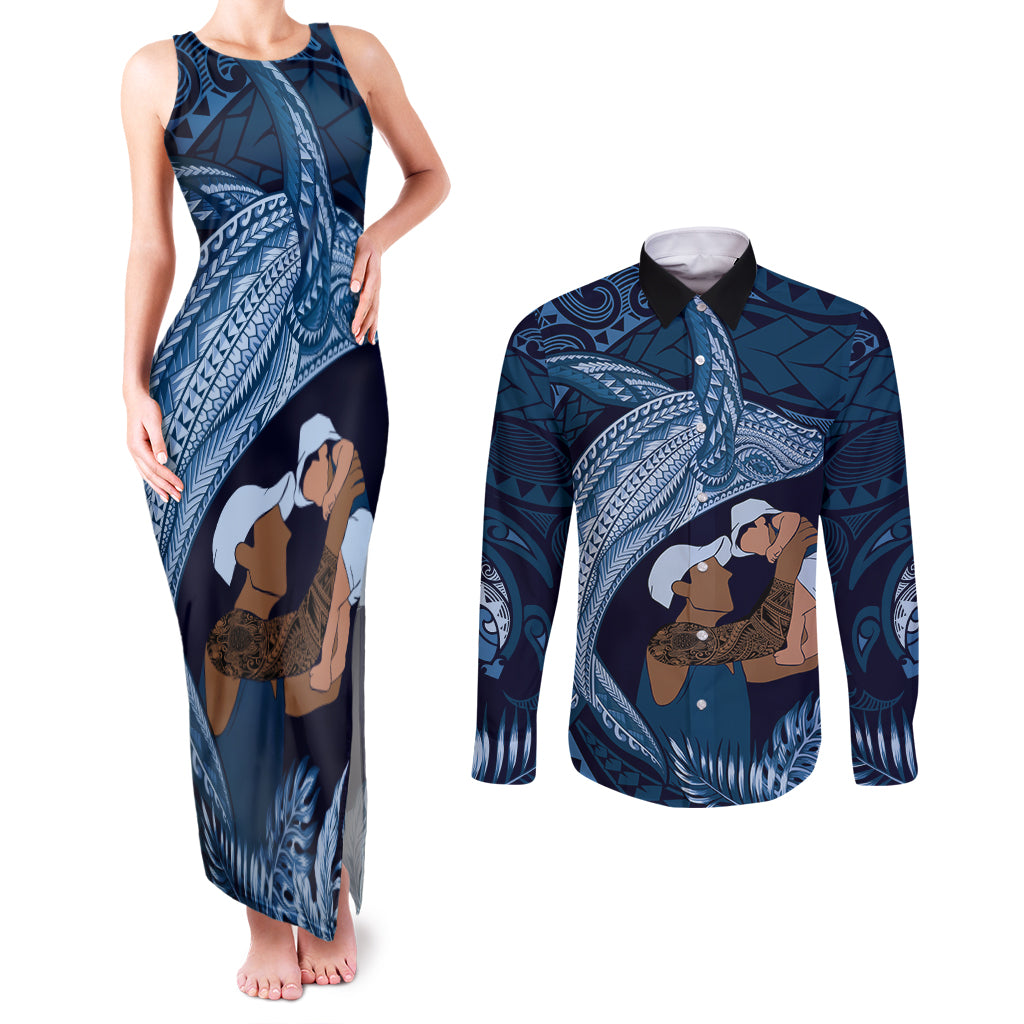 Father's Day Polynesian Pattern Couples Matching Tank Maxi Dress and Long Sleeve Button Shirt Tropical Humpback Whale - Navy LT7 Navy Blue - Polynesian Pride