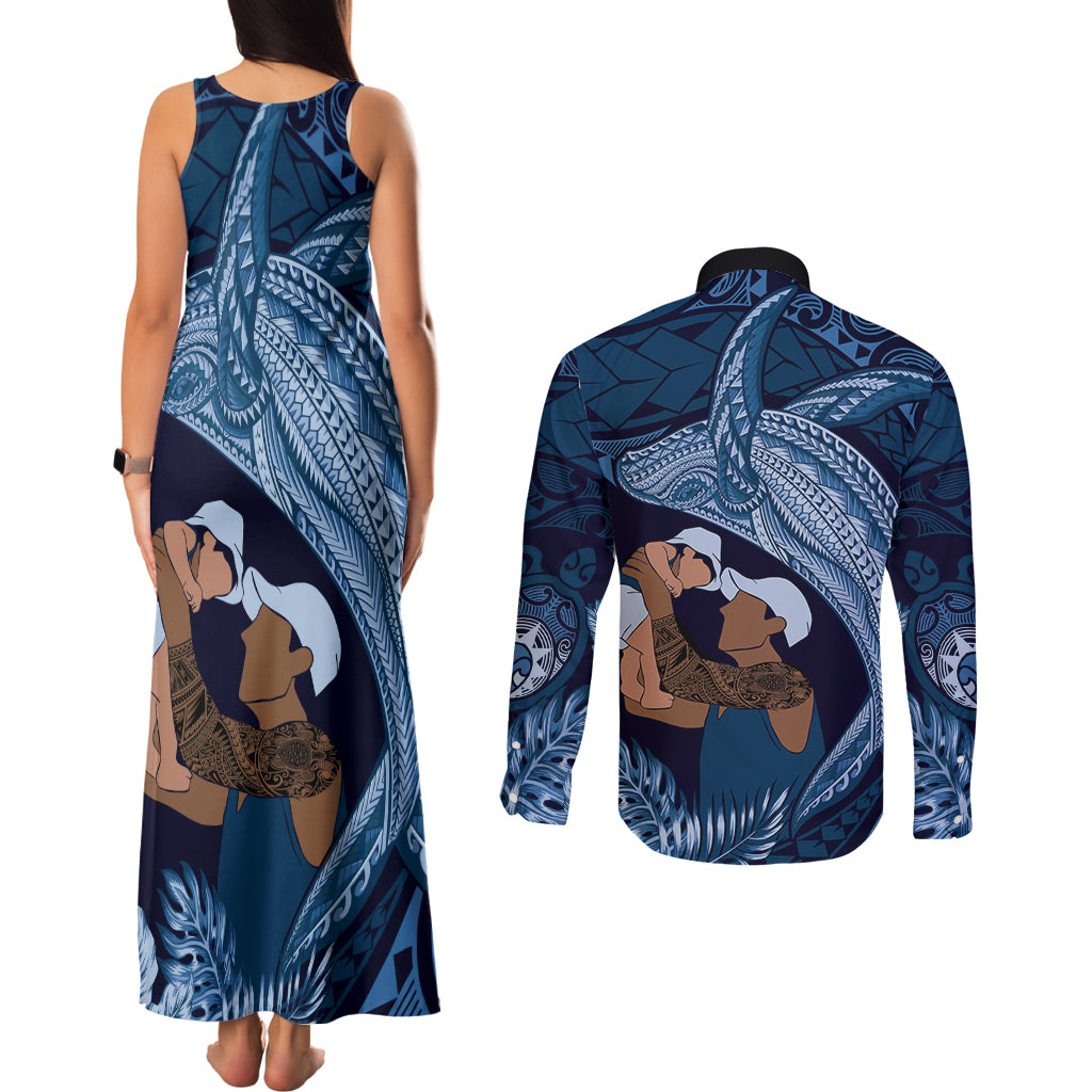 Father's Day Polynesian Pattern Couples Matching Tank Maxi Dress and Long Sleeve Button Shirt Tropical Humpback Whale - Navy LT7 - Polynesian Pride