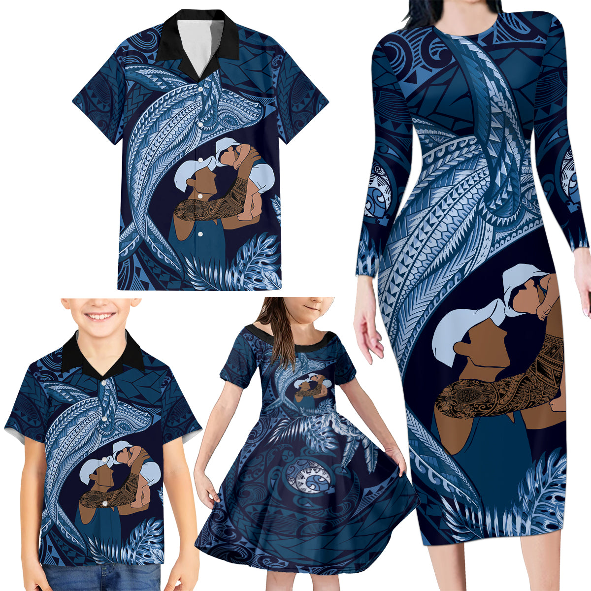 Father's Day Polynesian Pattern Family Matching Long Sleeve Bodycon Dress and Hawaiian Shirt Tropical Humpback Whale - Navy