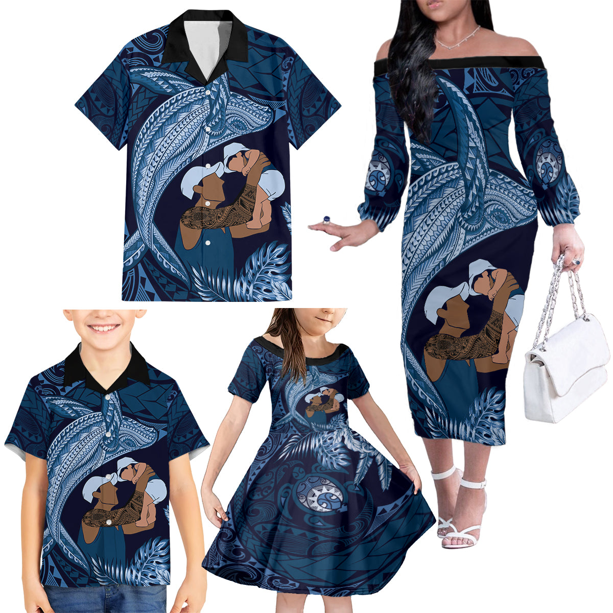 Father's Day Polynesian Pattern Family Matching Off The Shoulder Long Sleeve Dress and Hawaiian Shirt Tropical Humpback Whale - Navy LT7 - Polynesian Pride
