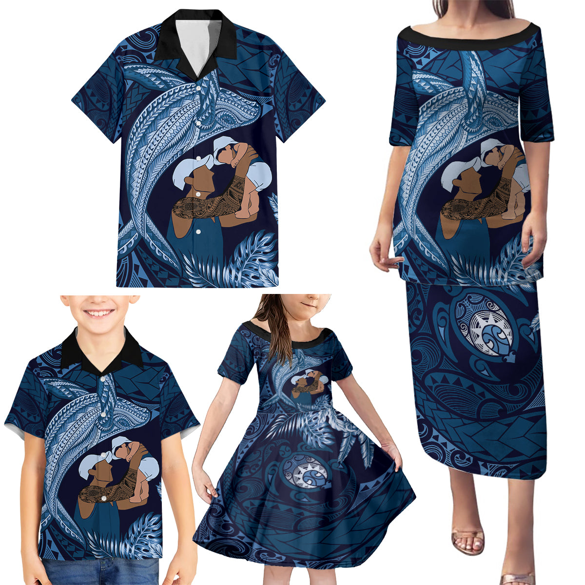 Father's Day Polynesian Pattern Family Matching Puletasi and Hawaiian Shirt Tropical Humpback Whale - Navy LT7 - Polynesian Pride