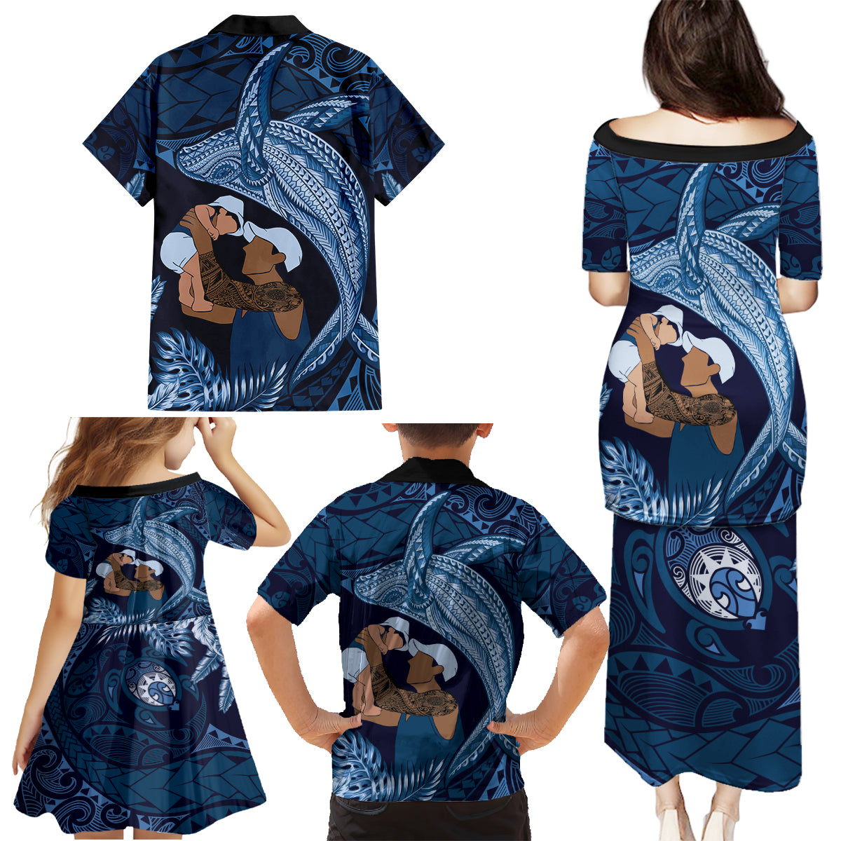 Father's Day Polynesian Pattern Family Matching Puletasi and Hawaiian Shirt Tropical Humpback Whale - Navy LT7 - Polynesian Pride