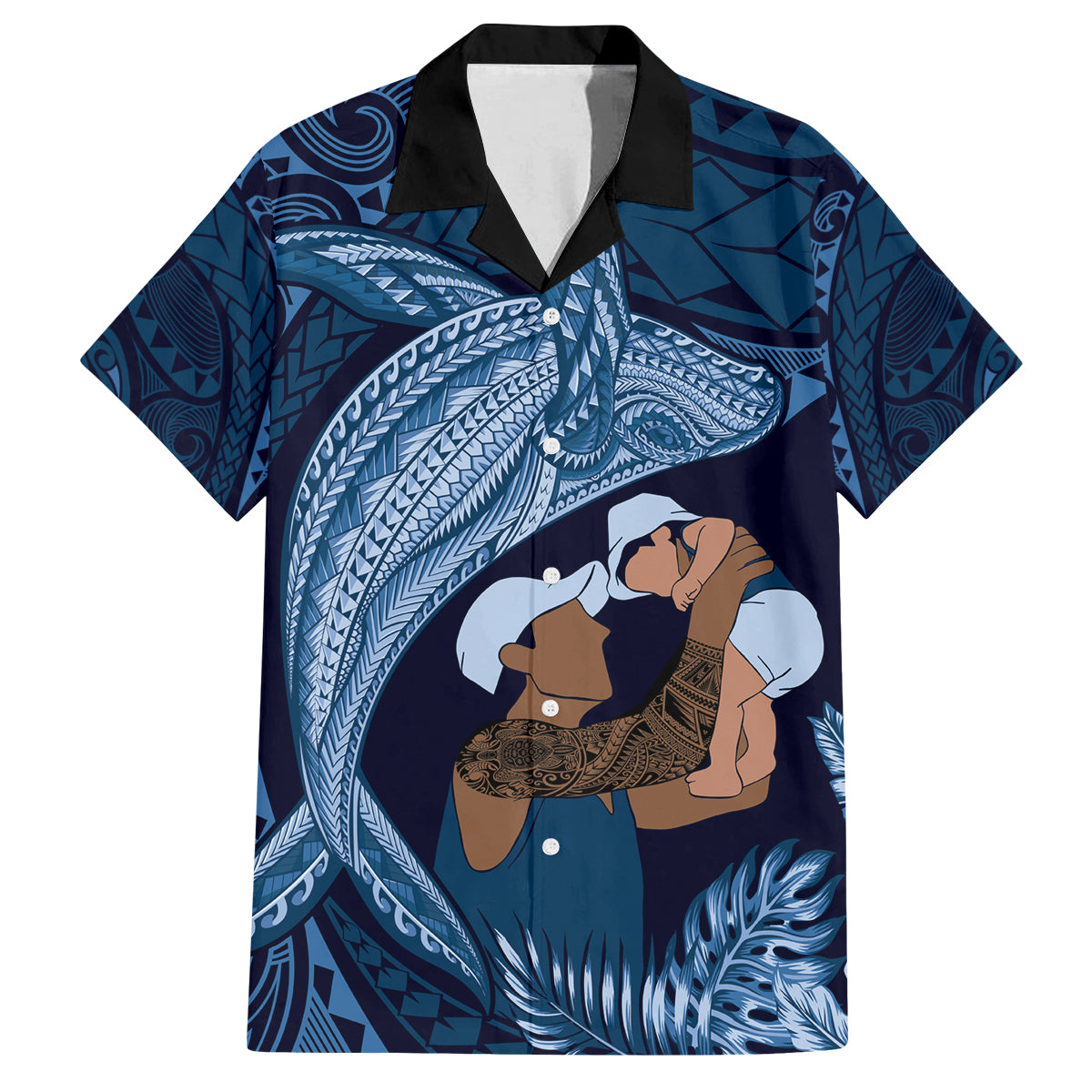 Father's Day Polynesian Pattern Family Matching Puletasi and Hawaiian Shirt Tropical Humpback Whale - Navy LT7 Dad's Shirt - Short Sleeve Navy Blue - Polynesian Pride