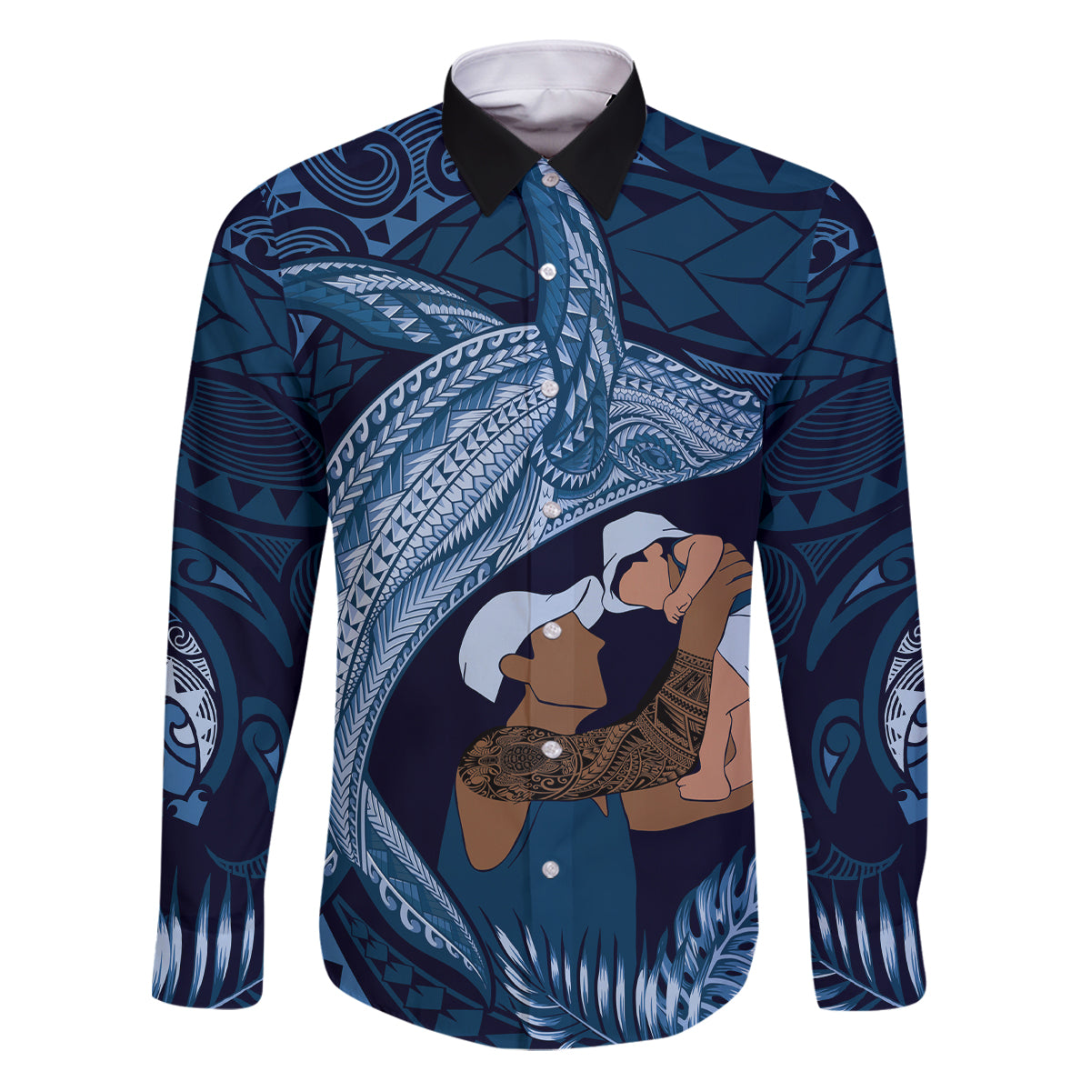 Father's Day Polynesian Pattern Family Matching Puletasi and Hawaiian Shirt Tropical Humpback Whale - Navy LT7 Dad's Shirt - Long Sleeve Navy Blue - Polynesian Pride