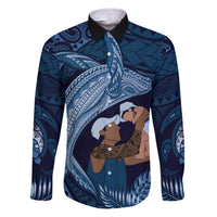 Father's Day Polynesian Pattern Family Matching Puletasi and Hawaiian Shirt Tropical Humpback Whale - Navy LT7 Dad's Shirt - Long Sleeve Navy Blue - Polynesian Pride