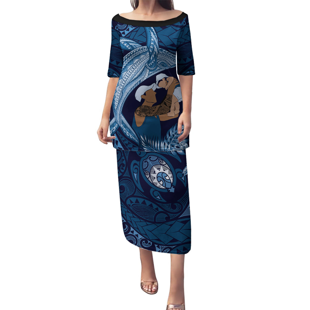 Father's Day Polynesian Pattern Family Matching Puletasi and Hawaiian Shirt Tropical Humpback Whale - Navy LT7 Mom's Dress Navy Blue - Polynesian Pride