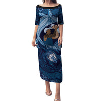 Father's Day Polynesian Pattern Family Matching Puletasi and Hawaiian Shirt Tropical Humpback Whale - Navy LT7 Mom's Dress Navy Blue - Polynesian Pride