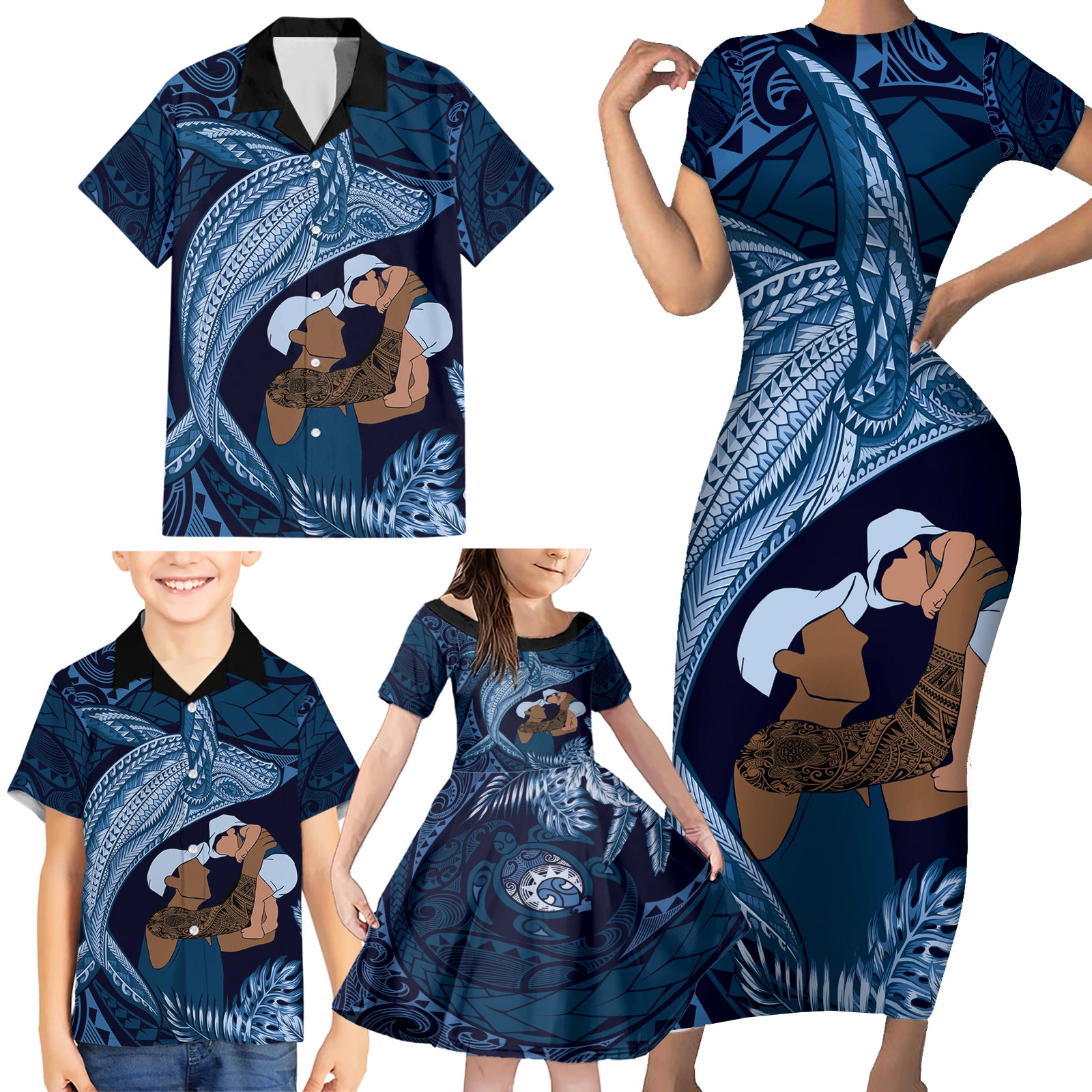 Father's Day Polynesian Pattern Family Matching Short Sleeve Bodycon Dress and Hawaiian Shirt Tropical Humpback Whale - Navy LT7 - Polynesian Pride