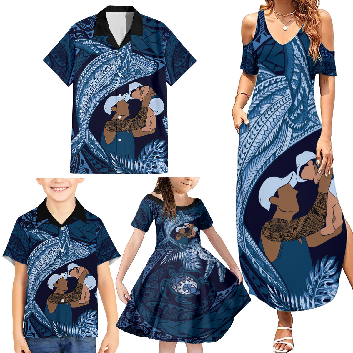 Father's Day Polynesian Pattern Family Matching Summer Maxi Dress and Hawaiian Shirt Tropical Humpback Whale - Navy LT7 - Polynesian Pride