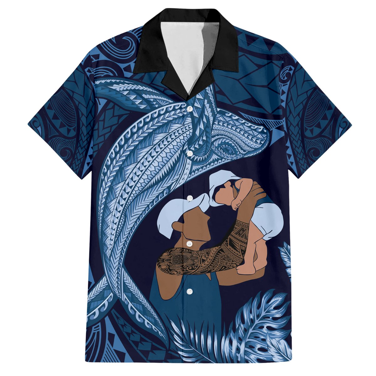 Father's Day Polynesian Pattern Hawaiian Shirt Tropical Humpback Whale - Navy LT7 Navy Blue - Polynesian Pride