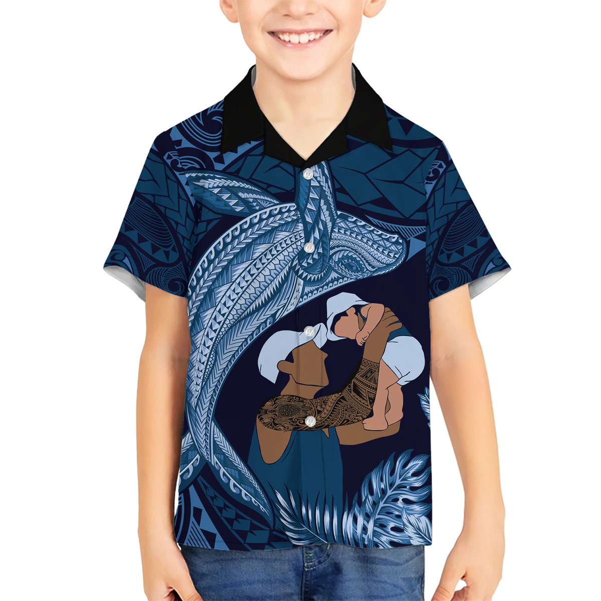 Father's Day Polynesian Pattern Hawaiian Shirt Tropical Humpback Whale - Navy LT7 - Polynesian Pride