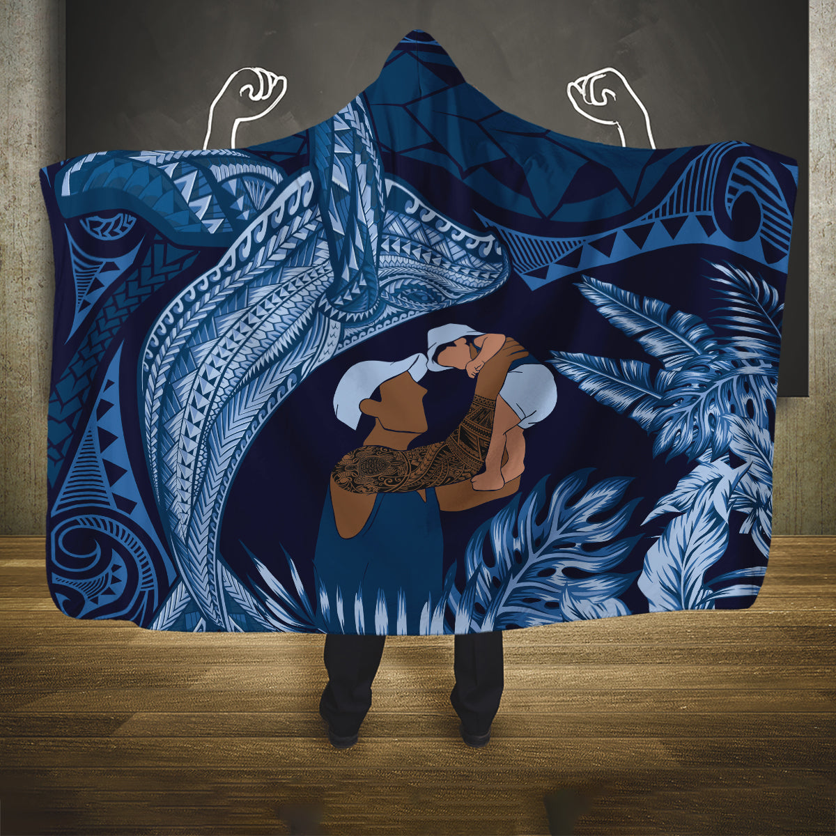 Father's Day Polynesian Pattern Hooded Blanket Tropical Humpback Whale - Navy LT7 One Size Navy Blue - Polynesian Pride