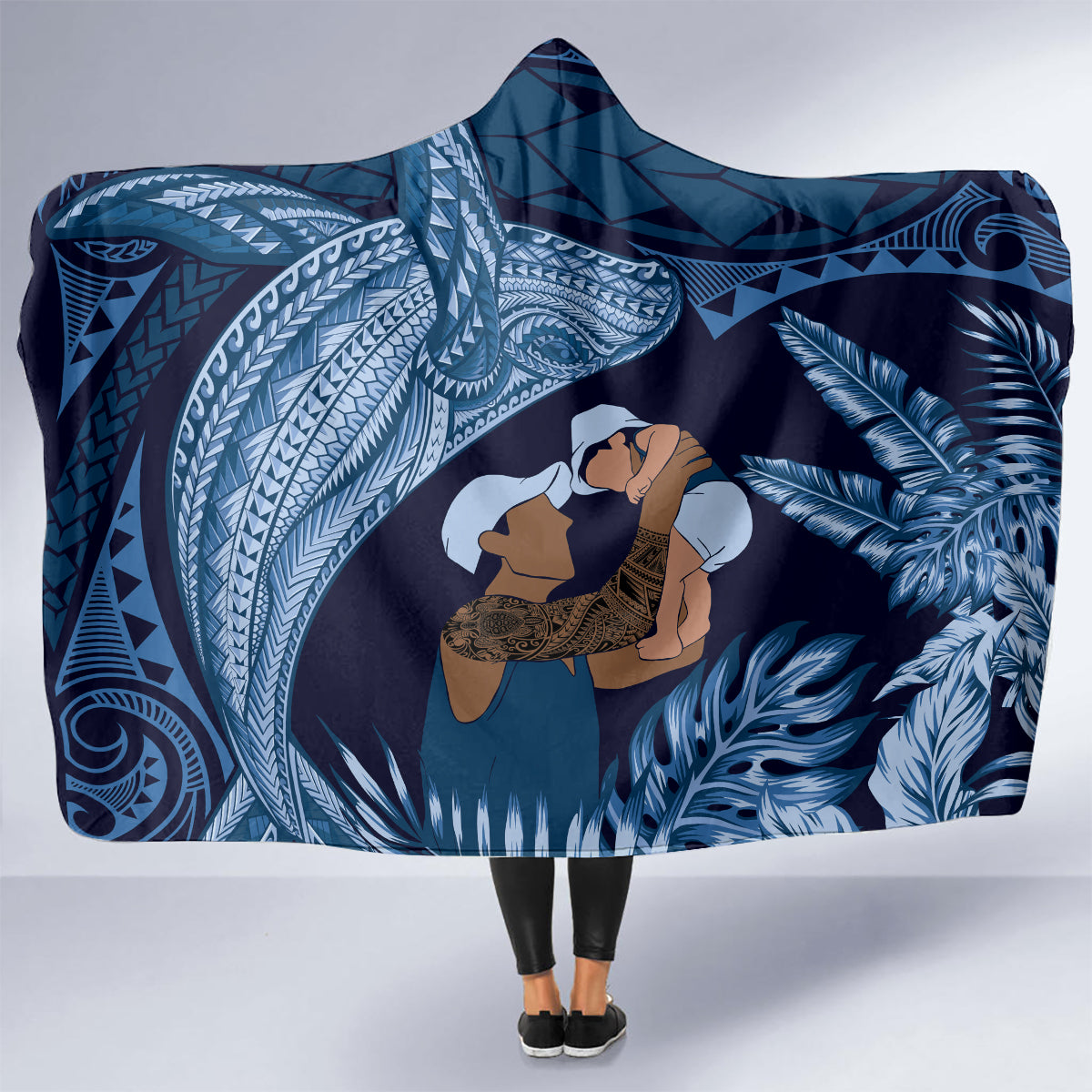 Father's Day Polynesian Pattern Hooded Blanket Tropical Humpback Whale - Navy LT7 - Polynesian Pride