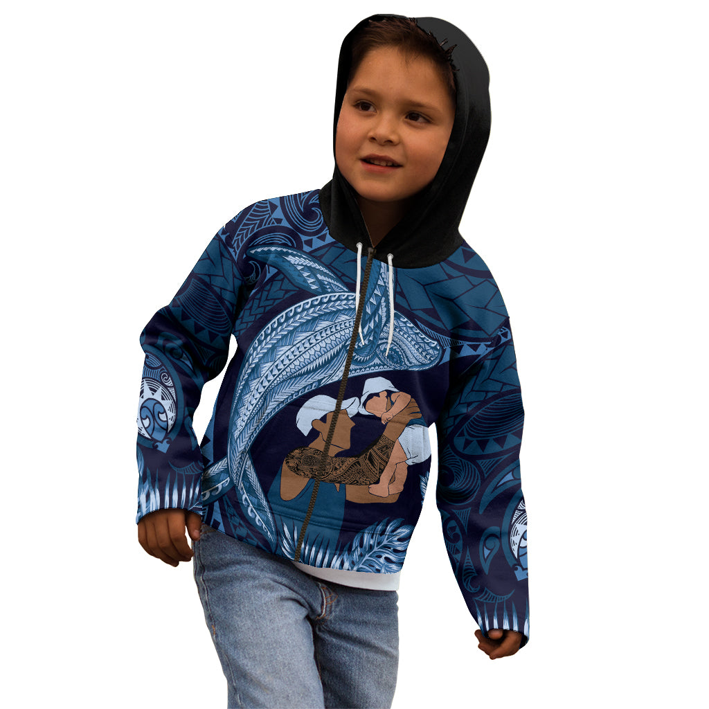 Father's Day Polynesian Pattern Kid Hoodie Tropical Humpback Whale - Navy