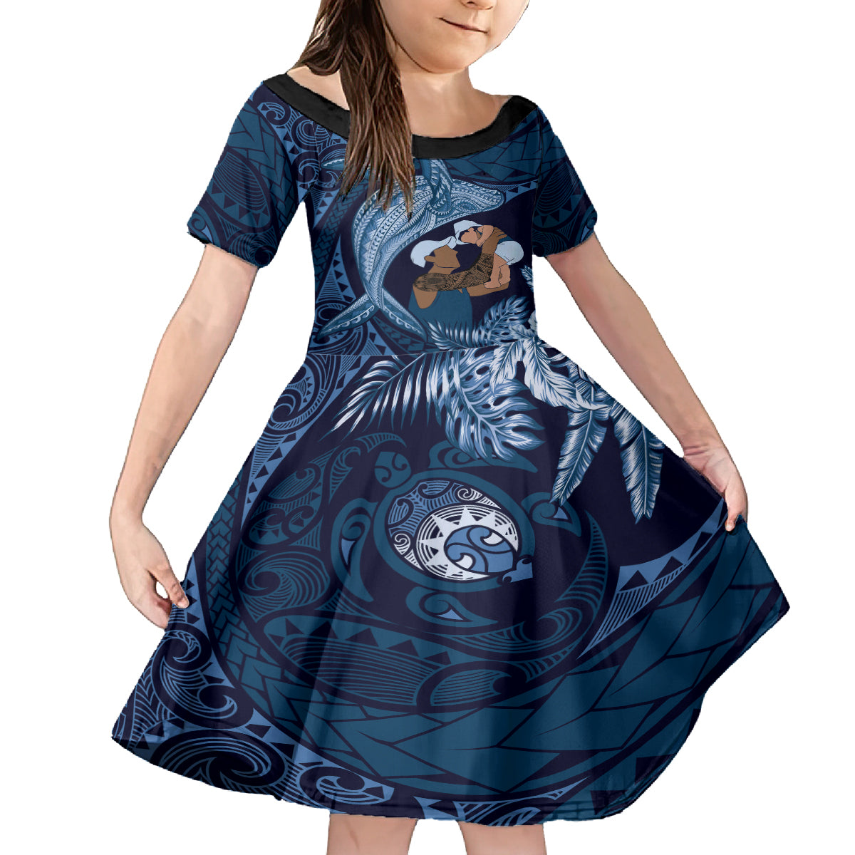 Father's Day Polynesian Pattern Kid Short Sleeve Dress Tropical Humpback Whale - Navy LT7 KID Navy Blue - Polynesian Pride