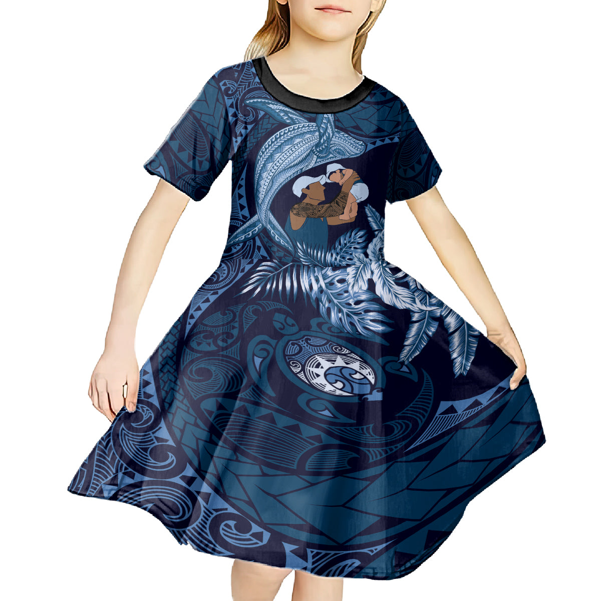 Father's Day Polynesian Pattern Kid Short Sleeve Dress Tropical Humpback Whale - Navy LT7 - Polynesian Pride