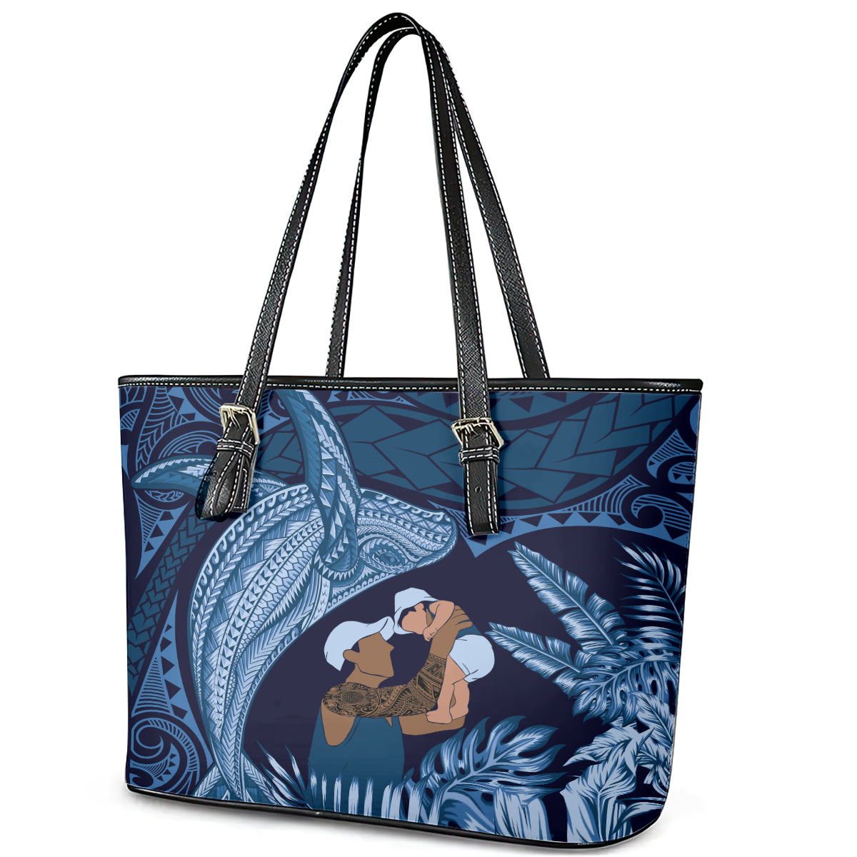 Father's Day Polynesian Pattern Leather Tote Bag Tropical Humpback Whale - Navy LT7 - Polynesian Pride
