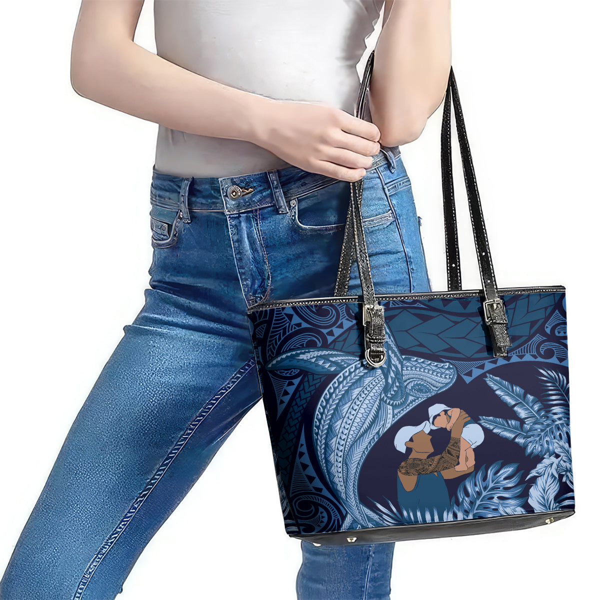 Father's Day Polynesian Pattern Leather Tote Bag Tropical Humpback Whale - Navy LT7 - Polynesian Pride