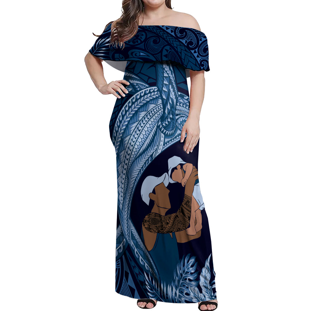 Father's Day Polynesian Pattern Off Shoulder Maxi Dress Tropical Humpback Whale - Navy LT7 Women Navy Blue - Polynesian Pride