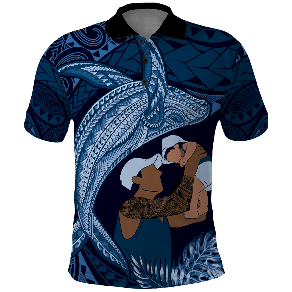 Father's Day Polynesian Pattern Polo Shirt Tropical Humpback Whale - Navy
