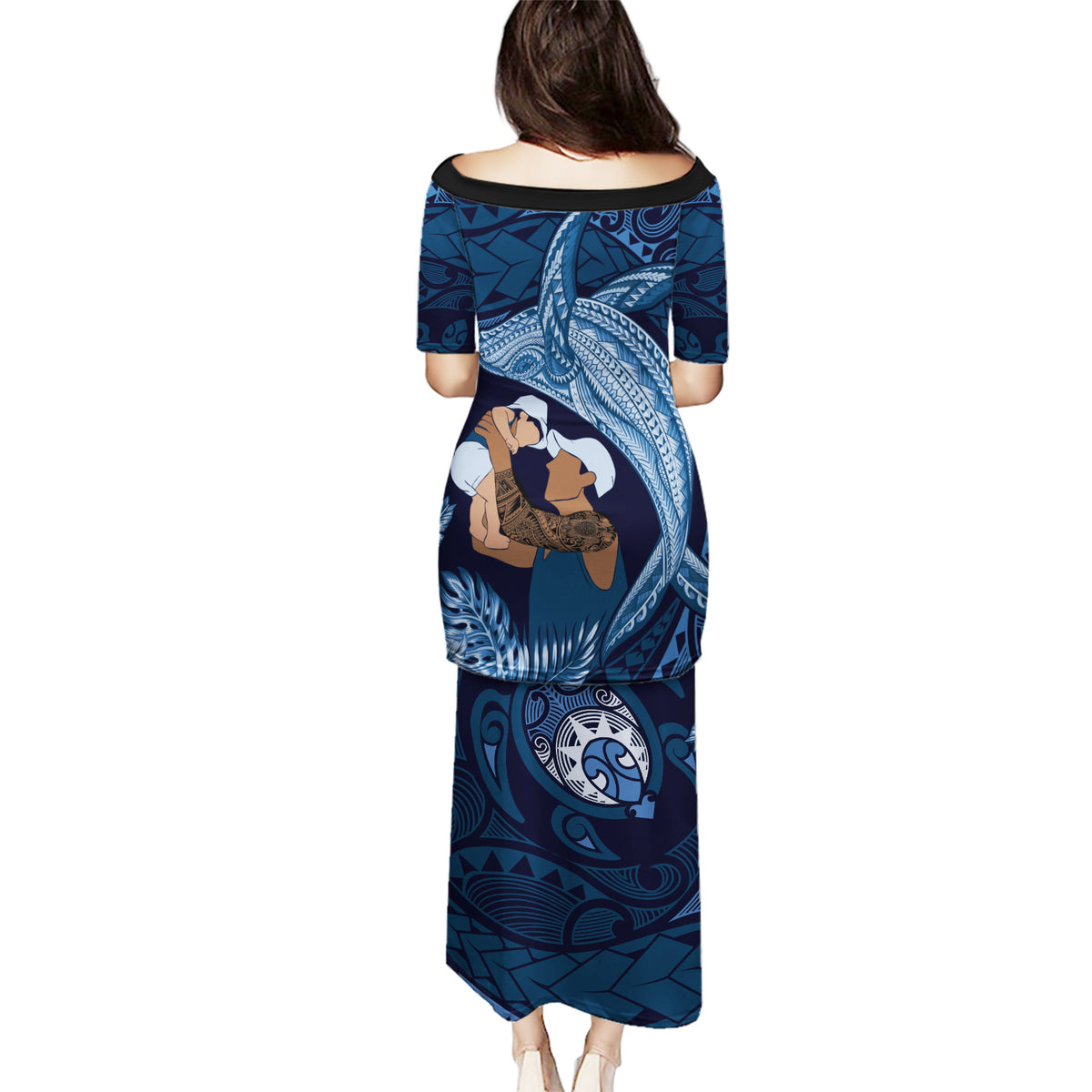 Father's Day Polynesian Pattern Puletasi Tropical Humpback Whale - Navy LT7 - Polynesian Pride