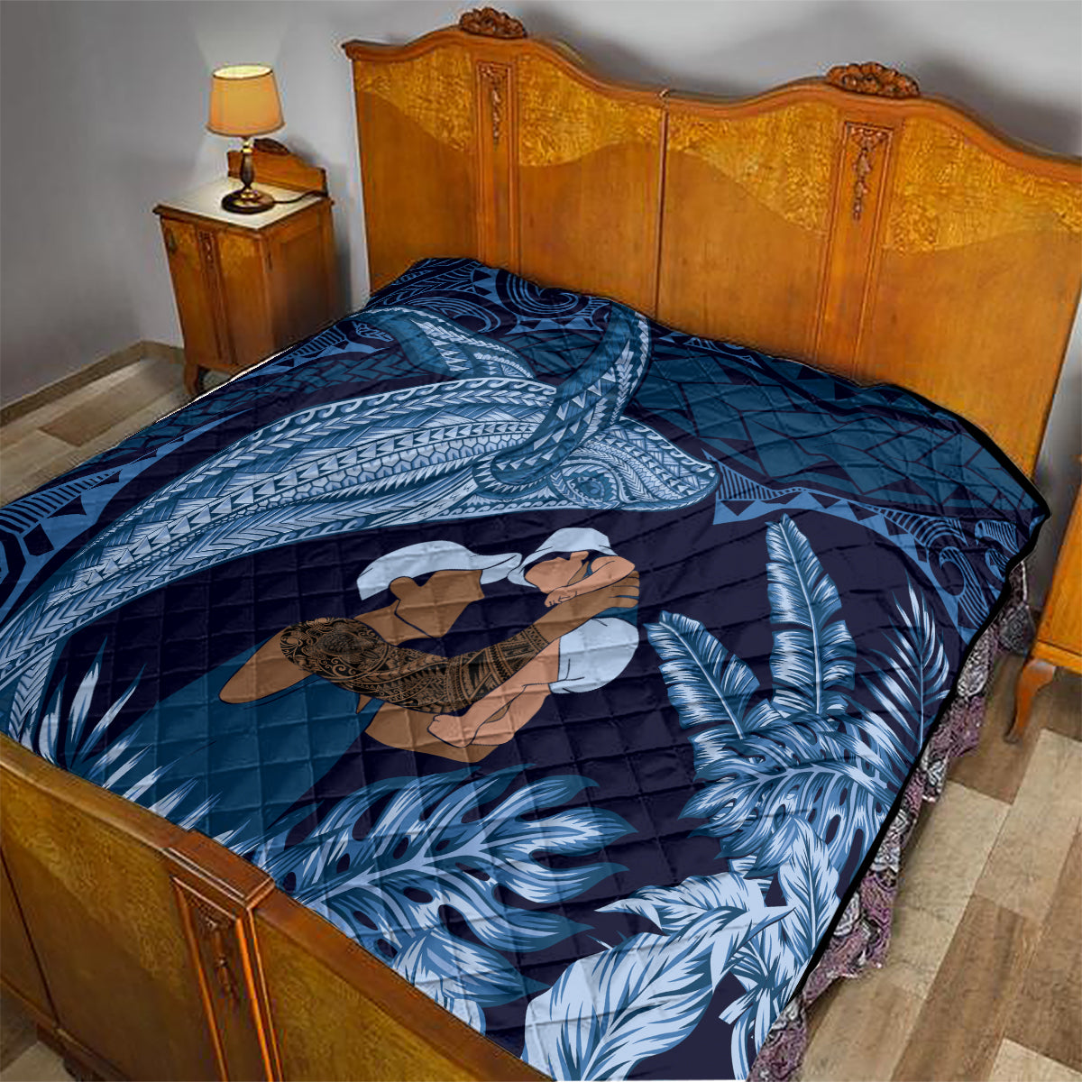 Father's Day Polynesian Pattern Quilt Tropical Humpback Whale - Navy