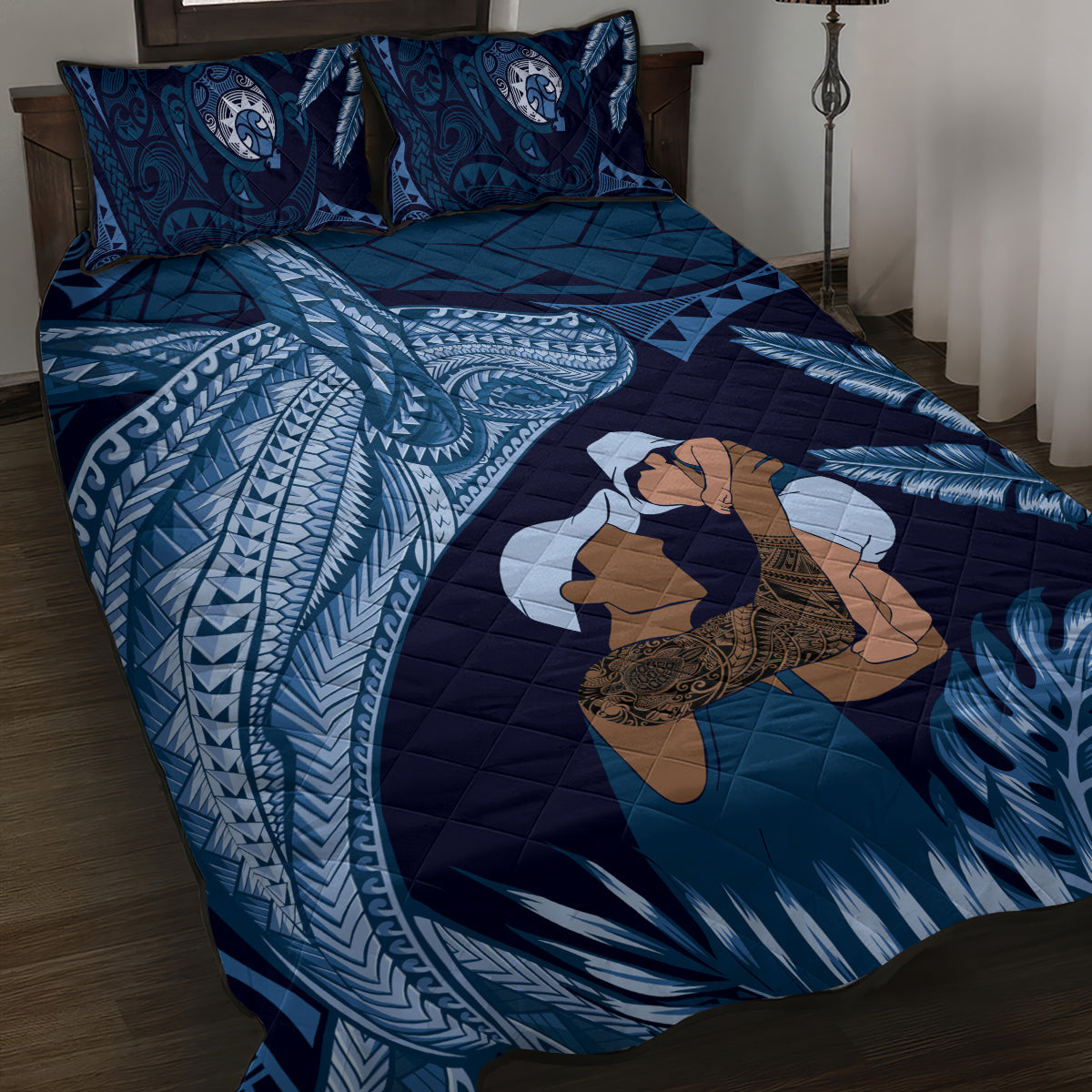 Father's Day Polynesian Pattern Quilt Bed Set Tropical Humpback Whale - Navy LT7 Navy Blue - Polynesian Pride