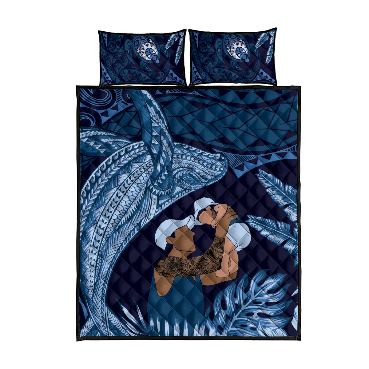 Father's Day Polynesian Pattern Quilt Bed Set Tropical Humpback Whale - Navy LT7 - Polynesian Pride