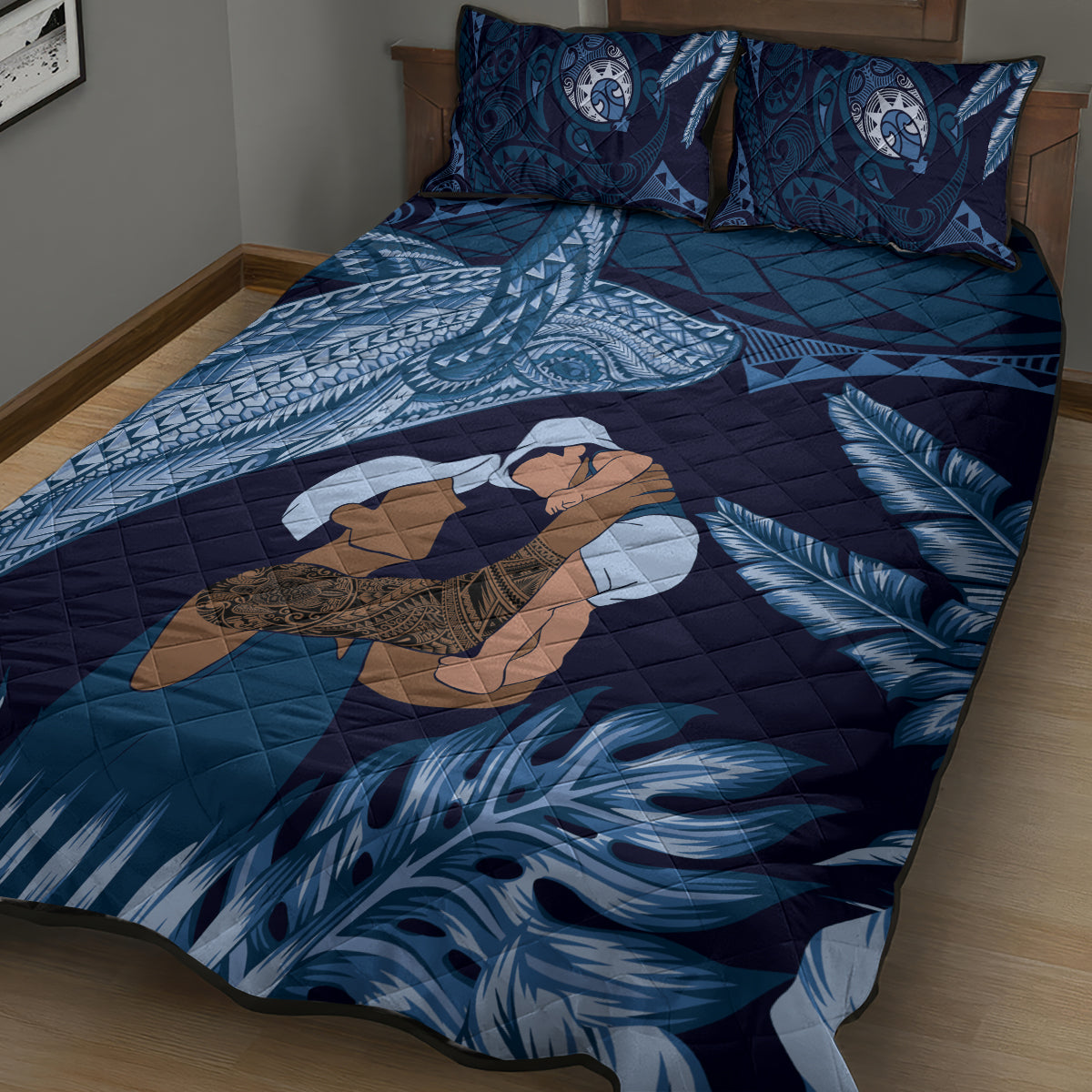 Father's Day Polynesian Pattern Quilt Bed Set Tropical Humpback Whale - Navy LT7 - Polynesian Pride