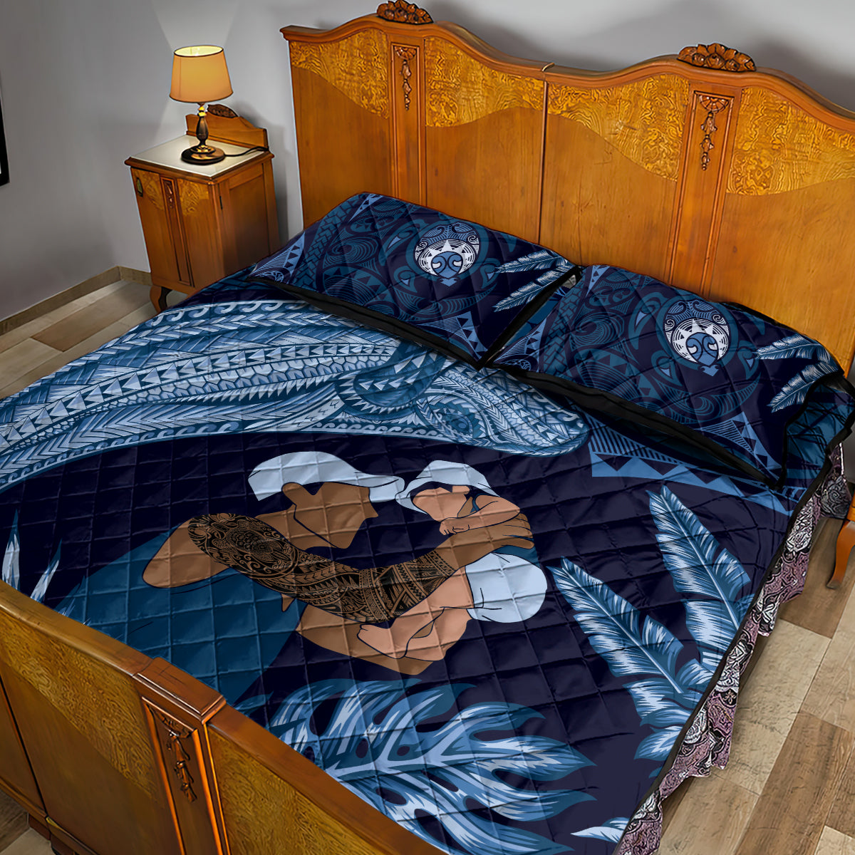 Father's Day Polynesian Pattern Quilt Bed Set Tropical Humpback Whale - Navy LT7 - Polynesian Pride