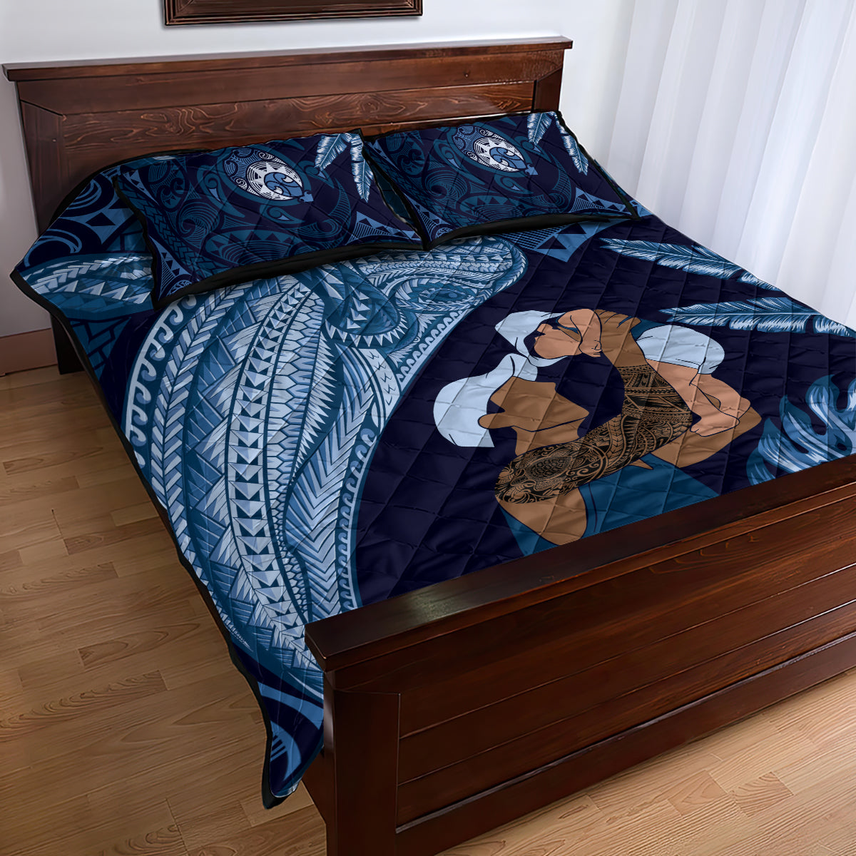 Father's Day Polynesian Pattern Quilt Bed Set Tropical Humpback Whale - Navy LT7 - Polynesian Pride