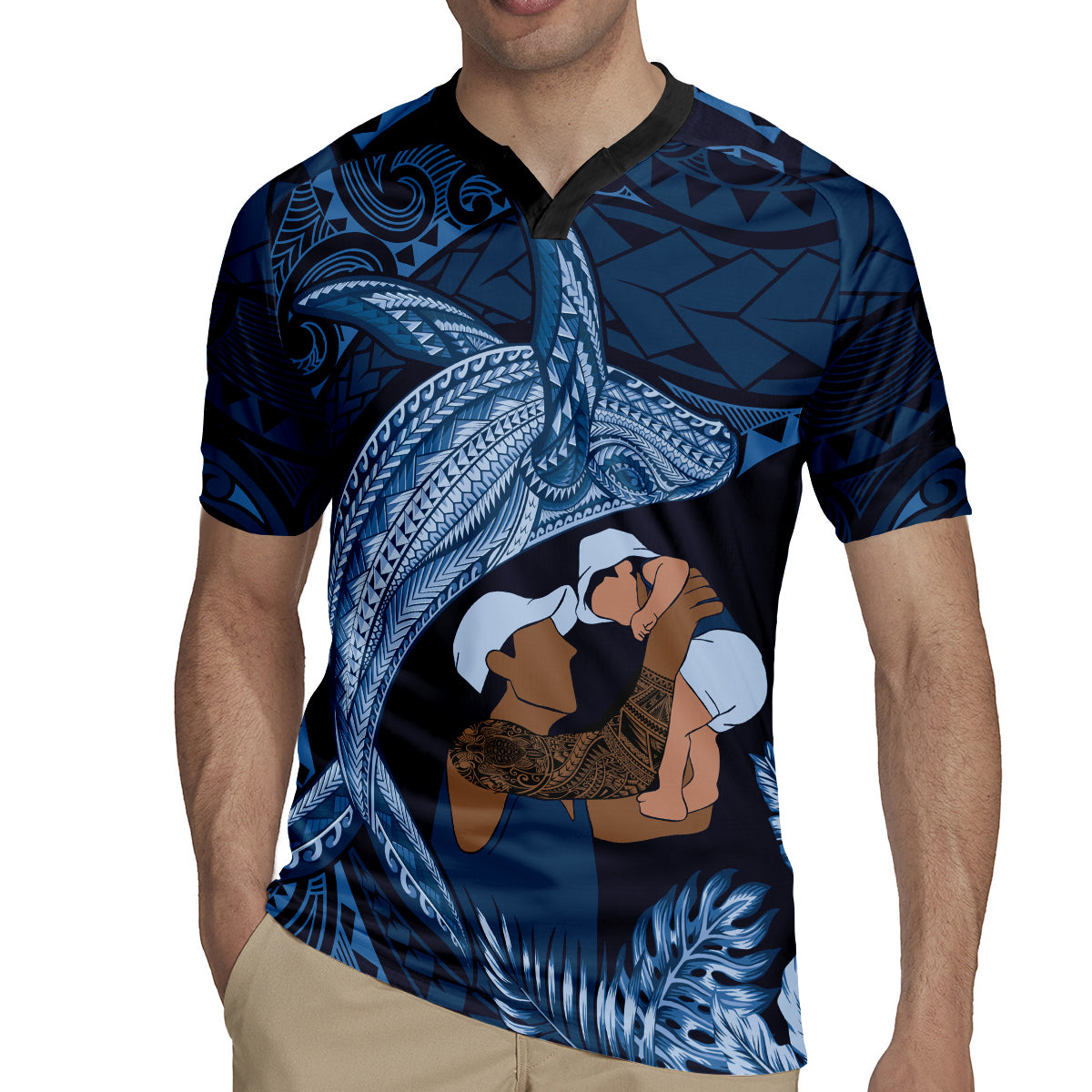 Father's Day Polynesian Pattern Rugby Jersey Tropical Humpback Whale - Navy